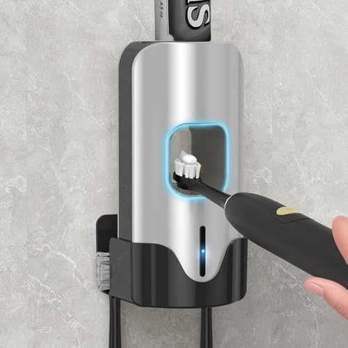 2 Toothbrush Holders, Automatic Toothpaste Dispenser Wall Mounted by TuCao