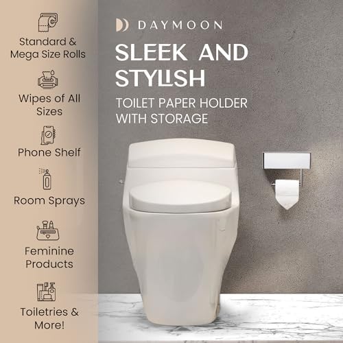 Day Moon™ - Toilet Paper Holder with Shelf - Modern Roll Holder for Bathroom - 1 Pack - Wall Mount - with Storage, Polished Chrome - Image 3
