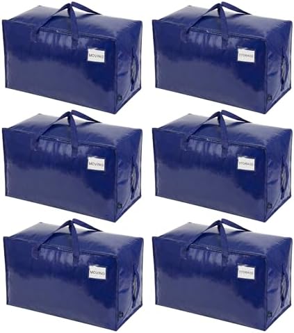 VENO 6 Pack Extra Large Heavy Duty Moving Bags with Wide Opening & Reinforced Handles, Reusable Storage Tote Bags with Strong Zippers for Clothes, College Dorm Essentials & Moving Supplies by Veno