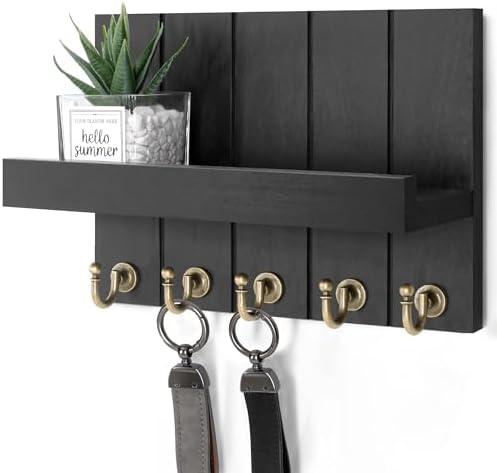 Rebee Vision Key Holder Wall Mount with Shelf &Hooks for Living Room, Black by REBEEVISION
