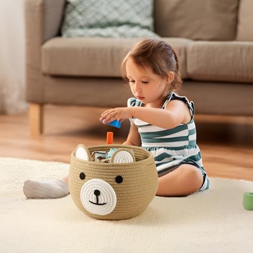 PandaEar 2 Pack Cotton Rope Baby Basket, Baby Gift Basket Nursery Laundry Organizer with Cute Bear Design for Storage Infant Newborn Essentials, Diaper Caddy with Handle - Image 2