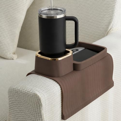 Couch Cup Holder Tray, Elimiko Silicone Anti-Spill and Anti-Slip Couch Drink Holder, Strong and Weighted Phone/Remote/Snacks Sofa Cup Holder (Brown) by Elimiko