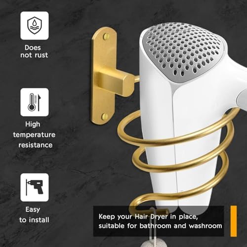 YWHWXB Hair Dryer Holder,Wall Mounted Spiral Hair Dryer Shelf,Bathroom Stainless Steel Hair Dryer Bracket,Self-Adhesive Hair Dryer Storage Rack (Gold) - Image 2