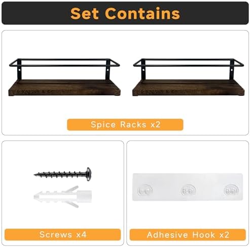 2-Tier Wall Mount Spice Rack Organizer - Screw/Adhesive Mount, Black Metal & Wood Spice Storage for Kitchen Pantry Cabinet, 11.6”L x 2.4”W x 3.2”H,Spice Jars Not Included - Image 2