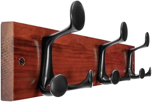 WEBI Coat Rack Wall Mount,17" Solid Wood Coat Hooks Wall Mounted Coat Hanger,16" Hole to Hole,Heavy Duty Hook Rack Rail,3 Triple Hooks for Hanging Coats,Jacket,Clothes,Hat,Backpack,Cherry by WEBI