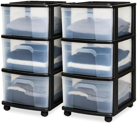 HOMZ Drawer Tower 3-Tier Storage Cart, Removable Wheels, Black Frame,2 Pack by Homz