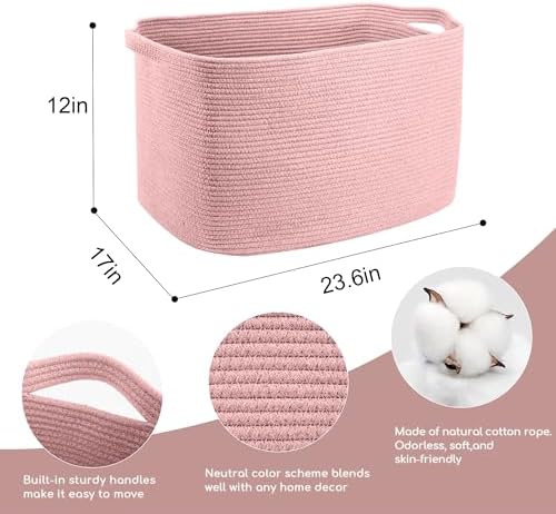 MEGASKET Extra Large Pink Storage Basket, 23.6" x 17" x 12" Rectangle Blanket Basket Living Room, Woven Cotton Rope Basket, Toy Basket Bins, Pink Baskets for Decor, Wicker Baby Laundry Basket - Image 2