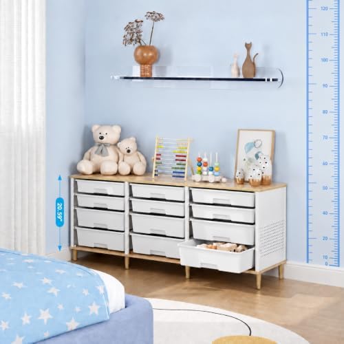 TOOLF 12 Drawers Storage Cabinet with Wooden Top and Plastic Bins, White - Image 2