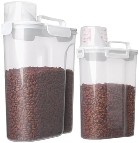 TIOVERY Dog Food Storage Container, 5-7 Lbs Airtight Pet Food Container, Cat food Container Dispenser with Portable Handle, Pouring Spout and Measuring Cup for Dogs Cats 2Pack White/6Qt by TIOVERY