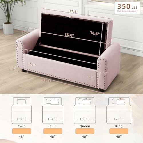48" Ottoman with Storage, Tufted Storage Ottoman Bench, Convenient Living Room Fabrics Bench Seat, Entryway Shoe Benches with Inner Zipper & Arm, Upholstered Window Seat Ottomans with Rivets,Pink - Image 2