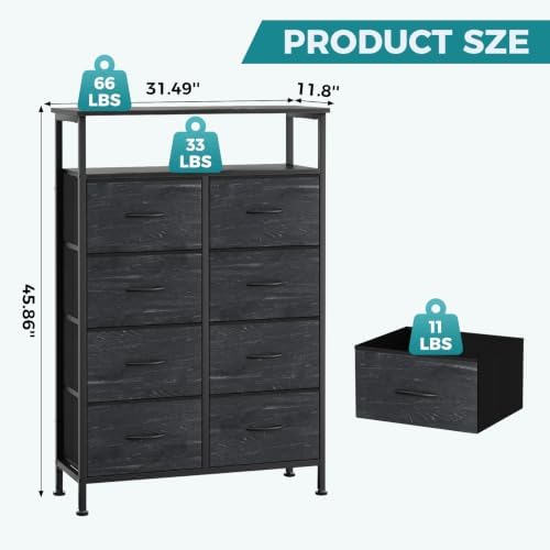 OLIXIS 8 Drawers Fabric Dresser, Tall Chest with Raised Shelf, Black Wood - Image 3