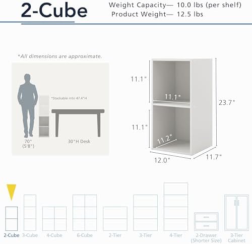 Homes: Inside + Out Apexa 2-Cube Storage Organizer Shelves, Stackable Wood Bookcase Fits Cubby Bins for Organization, Dorm Teen Room Decor & Home Office, White - Image 3