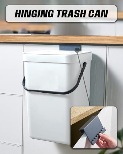 Kitchen Compost Bin - 3.2 Gallons Hanging Trash Can with Lid for Kitchen Bathroom, Under Sink Trash Can, Outdoor Compost Bucket with Lid, 12L(White) - Image 4