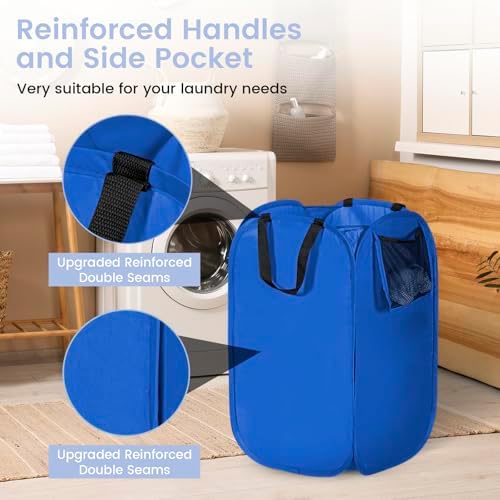 HOUSE AGAIN Upgraded Polyester Pop Up Laundry Hamper, Collapsible Laundry Baskets with Durable Handles Solid Bottom High Steel Frame and Side Pocket, Easy Open & Save space,Perfect for Storage(Blue) - Image 3