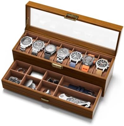 Watch Case Box for Men - Ultra-thin Frame Wide Display 7 Slots 2-Layer Wood Grain Watch Storage Organizer with Jewelry Drawer, Real-glass Display Case Collection Box Gift for Dad Husband by Sensok