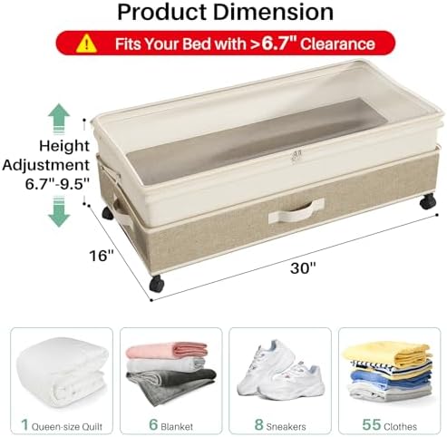 Kitstorack 2Pack Height-adjustable Under Bed Storage with Wheels, Under Bed Storage Containers,Under Bed Shoe Storage Organizer with Clear Window&Label, Suitable for Clothes Storage, Beige & Linen - Image 2