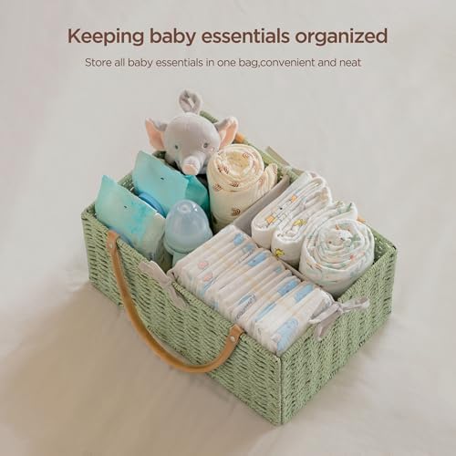 HBlife Large Baby Diaper Caddy Organizer Green, Paper Rope Storage Baskets Nursery Bin with Removable Divider, Portable Car Organizer for Diapers, Baby Shower Gifts, Newborn Essentials Must Haves - Image 3