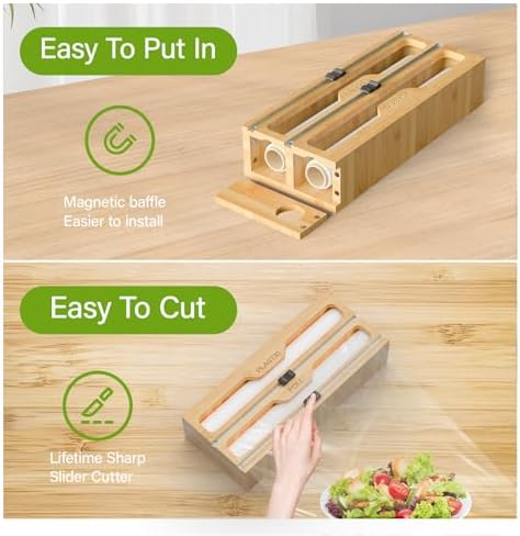 KOCWELL Bamboo Bag Storage Organizer - 2 Wrap Dispenser with Cutter & 4 Slots Food Storage Bags Container - Kitchen Drawer Plastic Bags Storage Organization for Gallon Quart Sandwich Snack Bags - Image 6