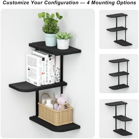 Love-KANKEI Corner Wall Shelf 3 Tier,Solid Wood with Bracket,17" Tall,Black - Image 6
