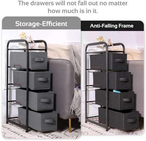 MAX Houser 4 Drawer Narrow Dresser Fabric Storage Tower Vertical Slim Storage Chest Organizer Nightstand Side/End Table Small Standing Organizer Removable Drawers Wood Top for Bedroom, Bathroom（Black - Image 4