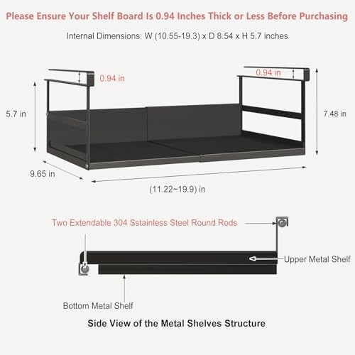Expandable Under Cabinet Shelf Organizer with 0.94 Inches Thick Clips, Heavy Duty Extendable Under Shelf Storage Basket for Pantry or Laundry Room, Black, 1 Pack, Interior: 5.7" H x 8.54" D - Image 3