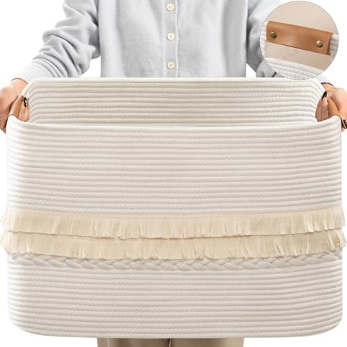 danpinera 108L Large Basket for Living Room, Boho Decorative Basket Organizing with Handles, Cotton Rope Storage for Toys, Pillows, Clothes, 25’’*16’’*16’’ White by danpinera