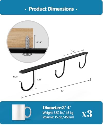 3 Pack Mug Hooks Under Cabinet with 9 Hooks for Displaying Mugs, Black - Image 4
