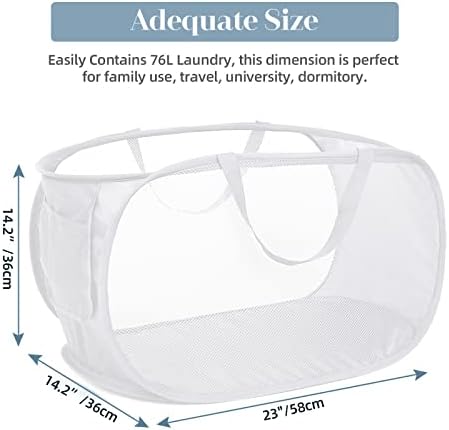 Strong Mesh Pop Up Laundry Basket, Collapsible Laundry Hamper with Side Pocket, Foldable Clothes Hamper with Durable Reinforced Handles for Laundry, Bathroom, Kids Room, Dorm or Travel 2 Pack White - Image 3