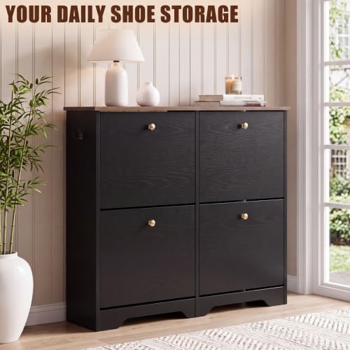 Nicetree 4 Flip‑Drawer Shoe Cabinet,Walnut Top,9.5" Deep,Light Black - Image 3