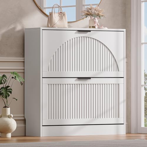 Fluted Shoe Storage Cabinet for Entryway, 2 Flip Drawers, White by BOXACTION