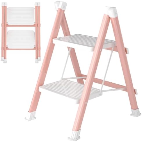 2 Step Ladder, Folding Step Stool with Anti-Slip Wide Pedal, Anti-Slip Feet, Sturdiest Steel Construction, 330lbs Capacity Steel Ladder for Home and Office, Pink White by DIAMONDFORGE
