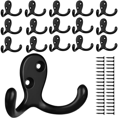 IBosins 16 Pack Black Double Prong Coat Hooks Wall Mounted with 32 Screws by IBosins
