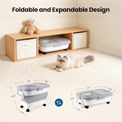 Dog Food Storage Container 15-25lbs, Airtight Pet Food Bin with Locking Lid & Clear Window, Collapsible Rolling Storage Container with Wheels & Scoop, Gray - Image 3