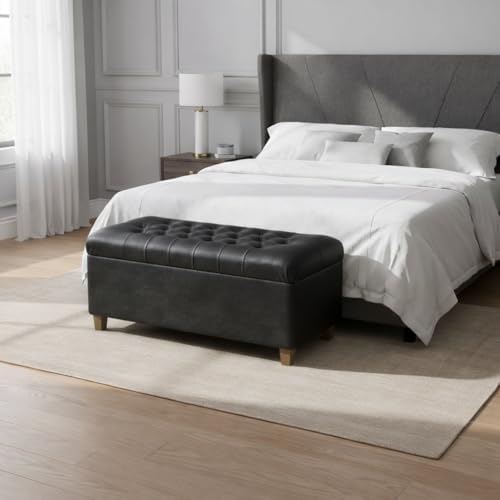 HomePop 40" Button Tufted Storage Bench - Black Faux Leather - Image 4