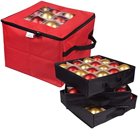 ProPik Christmas Ornament Storage Box, Organizer Holds Up to 48 Xmas Balls with 3 Separate Removable Trays, Container has Dividers to Organize Holiday Tree Ornaments (Red) by ProPik