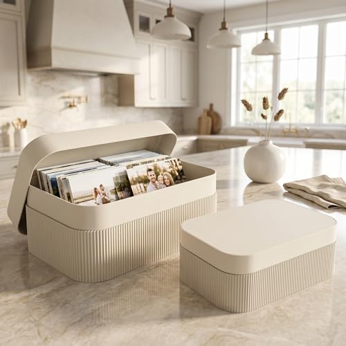 Decorative Storage Boxes with Lids - Set of 2 Fluted Photo Organizer Bins - Image 2