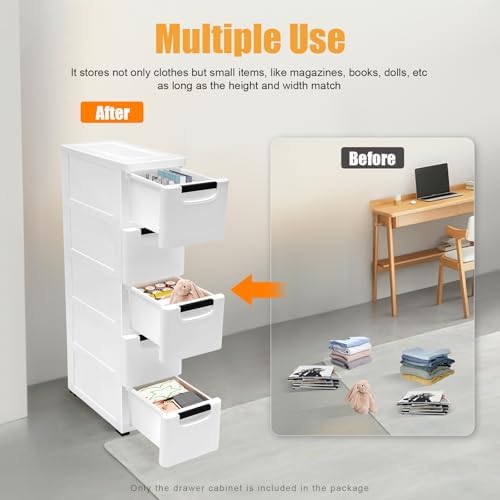5 Tier Plastic Drawers Narrow Dresser Storage Cabinet, Mobile Stackable Clothes Storage Tower, Suitable for Home, Office, Bedroom Storage Cabinet, 7.87 * 15.75 * 33.07in (White) - Image 4