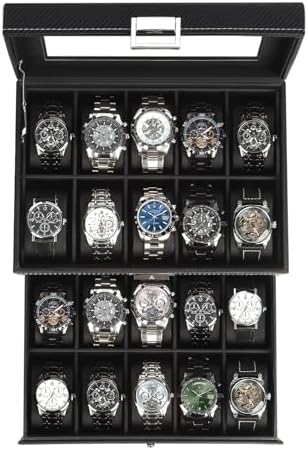 Watch Box for Men, 20 Slot Men's Watch Case with Transparant Glass Lid, Jewelry Box With Drawer, 2-Layer Watch Holder with Lock and Removable Pillows, PU Leather, Fathers Day Gift for Dad by Unknown