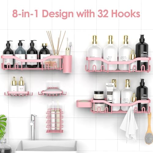 NESOMI Shower Caddy Adhesive Shower Organizer 8-Pack, Rustproof Stainless Steel Bathroom Shelves, Large Capacity No-Drill Rack Storage Accessories with Soap Dish Toothbrush Holder Hooks - Image 4