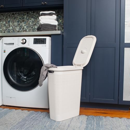 Mind Reader Slim Laundry Hamper with Lid, 40L Clothes Basket, Linen Design, Plastic, Ivory - Image 2