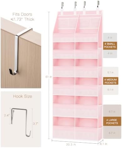Criusia Over the Door Organizer, Extra Large 12 Compartments Closet Hanging Storage with 14 Mesh Pockets, 85lbs Capacity Behind the Door Storage for Baby Nursery, Bathroom, Bedroom, and Dorm, Pink - Image 2