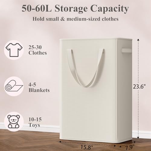 Optish 50L Slim Laundry Hamper, Baby Hamper for Nursery with Handles, Narrow Laundry Basket for Dorm, Bedroom, Living Room, Collapsible Laundry Basket, White - Image 3