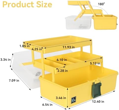 WEWLINE 13-Inch Art Box Sewing Storage Organizer 3-Layers Craft Storage Organizer with Handle Plastic Storage Boxes Organizers for Kids Student Artist,Yellow - Image 2