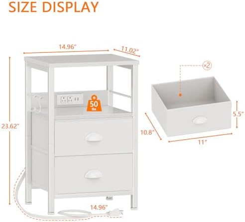 Furologee Night Stand with Charging Station, 2 Fabric Drawers, White - Image 3