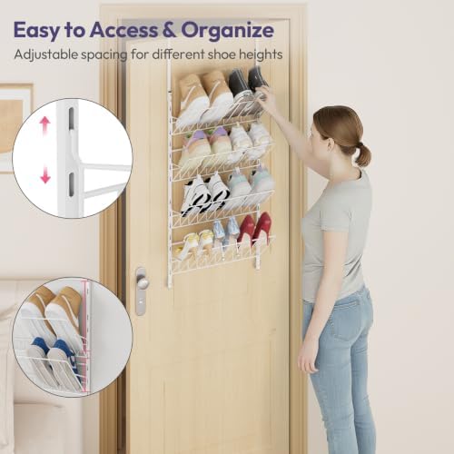 SWTYMIKI Over the Door Shoe Organizer - Adjustable 4 Tier Hanging Shoe Rack Organizer, Metal Heavy Duty Behind Door Storage or Wall Mount Shoes Shelf for Flats, Heels, Sneakers, Boots - Image 5