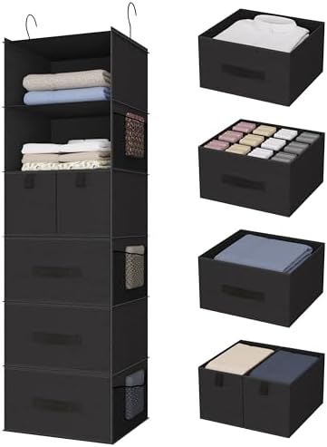 6-Shelf Hanging Closet Organizer with 5 Drawers, Non-Woven Storage, Black by Bosuelife