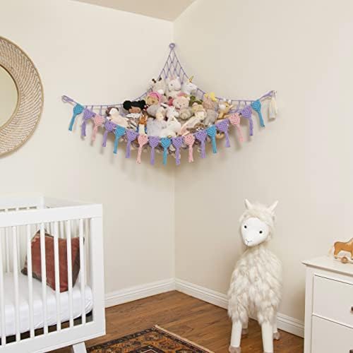 Abby Baby Extra Large Stuffed Animal Storage Hammock Corner with LED Lights – 25LB Capacity Hanging Toy Net for Small or Large Plushies, Boho Macrame Squishmallow, Plush Net, Purple - Image 2