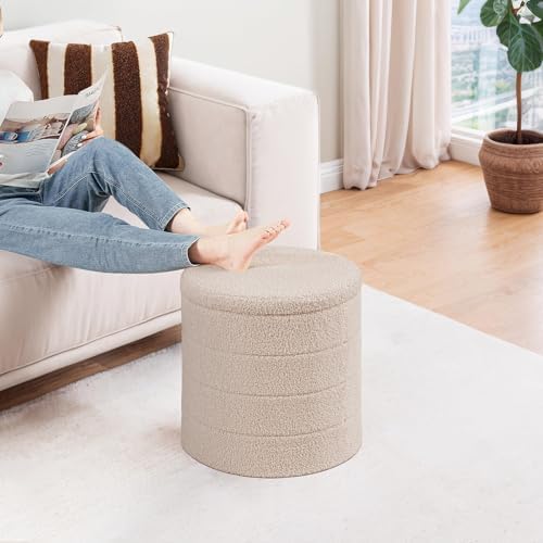 PINPLUS Round Folding Storage Ottoman, Beige Boucle Footstool - Image 2