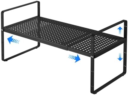 Expandable Cabinet Shelf Organizers, Kitchen Small Stand Rack Organization for Countertop Cupborad Pantry Desktop Spice Rack, Black 1 Pack by KIKIBRO
