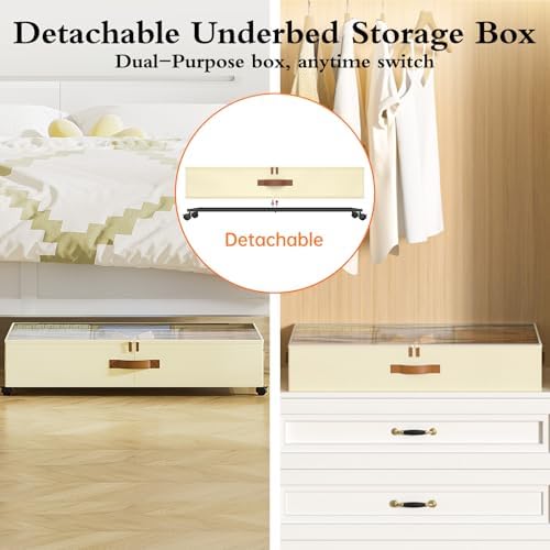 Yecaye Under Bed Storage with Wheels, 4 Pack Under Bed Storage Containers with Adjustable Dividers & Clear Window, Rolling Underbed Organizer Bins Drawers for Clothes, Shoes, Blankets, Beige - Image 5